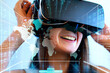 Cyberspace, metaverse and virtual reality concept with young beautiful woman in VR headset projected virtual reality hologram with world map on abstract office background