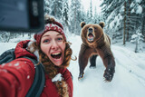 Fototapeta  - woman tourist take selfie while running out from angry bear in snow forest