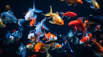 Wall Mural - Aquarium colourfull fishes in dark deep blue water