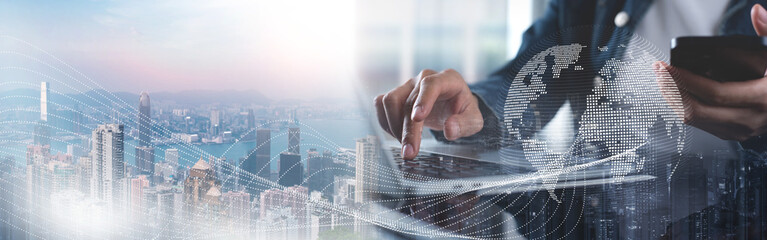 Wall Mural - internet network connection, data exchange, digital marketing iot internet of things. double exposur