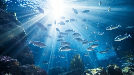 Aquarium of large fish with light rays hitting the glass