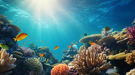 Wall Mural - Coral Reef and Tropical Fish in Sunlight