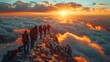 Happy friends or tourists are greeting sunrise or sunset high on the mountain above the clouds