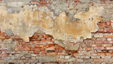 Fototapeta  - Old brick wall texture with shabby stucco and plaster. Brick wall background, stone wall surface. Plastered wall with uneven stucco with cracks and damages. 