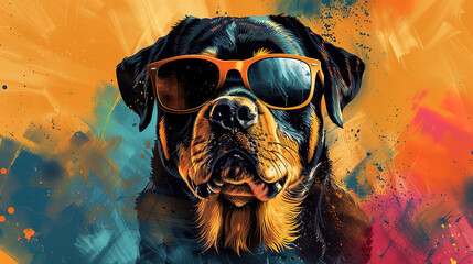 Wall Mural - cool looking rottweiler dog wearing sunglasses, mixed grunge colors style illustration.