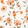 This seamless watercolor pattern showcases a lively dance of desert flowers with pops of orangeade amidst subtle greenery, ideal for stylish backgrounds.