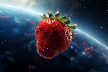 Planet size strawberry floating in space, health food