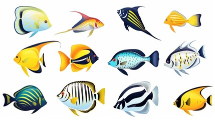 Wall Mural - Set of Beautiful Marine fish and shark on white isolated background such as angelfish, butterflyfish, surgeon, wrasse and snapper