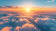 breathtaking sunset view from above the clouds. The sun is a bright yellow, casting its warm glow on the clouds below