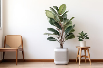 Modern office interior with plants, flowers, furniture, and wooden accents Interior of modern living room with a chair and a houseplant