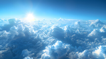 Wall Mural - fluffy white clouds against a blue sky. The sun is shining brightly in the center of the scene.