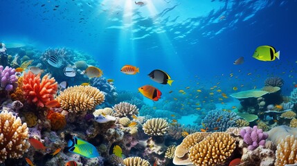 Wall Mural - Underwater world. Coral reef and fishes in Red sea at Egypt