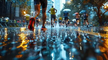 Wall Mural - Close-up feet of  marathon athlete training , the rhythmic beat of runners' feet on the road echoing their athletic determination.