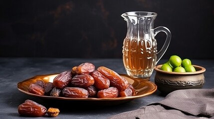 Wall Mural - Date Fruits or Kurma in vintage arabic dish and jug of water at grey concrete background. Dates and water is Ramadan meal. Ramazan Iftar food