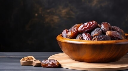 Wall Mural - Dates or dattes palm fruit in wooden bowl is snack healthy