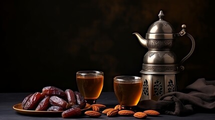 Wall Mural - Eid mubarak with arabic coffee pot and dates. Dried dates and coffee on a dark background. Ramadan, Eid concept