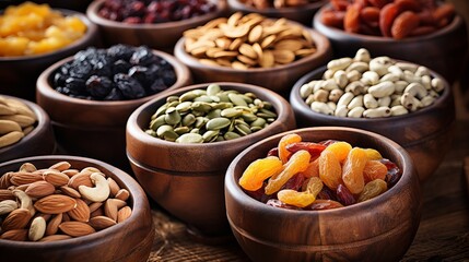 Wall Mural - Mix of dried fruits and nuts in wooden bowls closeup