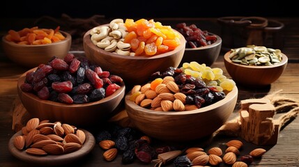 Wall Mural - Mix of dried fruits and nuts in wooden bowls closeup