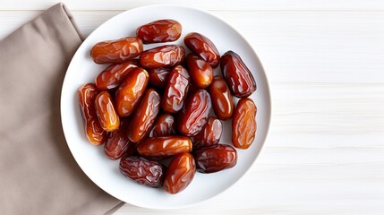 Wall Mural - Plate of pitted dates on a white wooden background. Top view