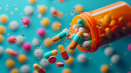 Wall Mural - Top view shot of an orange pill bottle with colorful variety of pharmaceutical pills in different colors and shapes, medicine tablets on blue background, generative ai