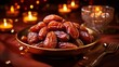 Ramadan kareem meaning Blessed ramadan with dates fruit in a bowl