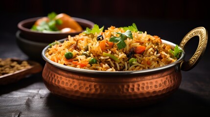 Veg biryani or pulav served in a round brass bowl, selective focus