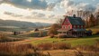 the charm of a Farmhouse-style dwelling with a red barn, surrounded by rolling hills and fields, exuding rustic allure