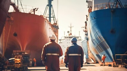 Wall Mural - Shipyard workers with ships under construction in background