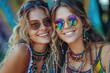 Witty, joyful, hippie best friends at a festival concert. Generative Ai