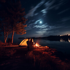 Wall Mural - camping tent river coast night