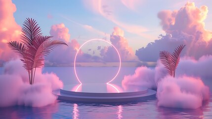 Wall Mural - Natural beauty podium backdrop for product display with dreamy clouds and neon lights backdrop. Romantic 3d sea view scene. Generative Ai