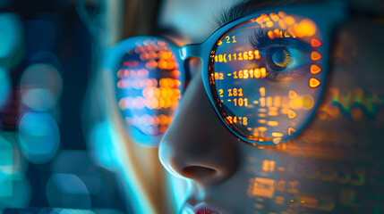Sticker - Data reflecting on eyeglasses on woman's face. Computrer programmer big data and ux designer concept