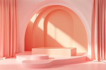 Wall Mural - Peach podium background, Abstract scene for products, Mockup product display, Stage showcase, Studio geometric scene, 3D Rendering. Generative Ai
