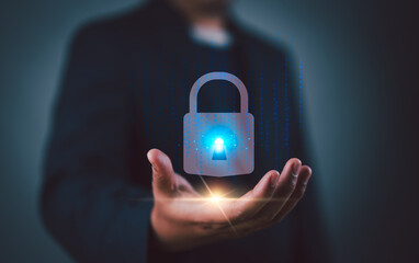 Fototapete - Businessman giving virtual master key with binary number code for identity and access password, technology security system and prevent hacker concept..