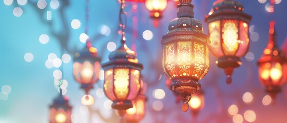 Wall Mural - Arabic lantern for Ramadan isolated on blurred sprinkle light background. illuminate, copy space concept, mockup.