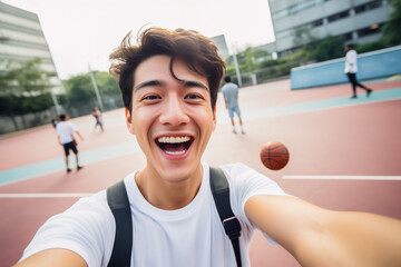 Happy young asian man taking a selfie on a basketball court on the street