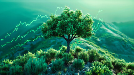 Tree of Growth - Conceptual Image with Symbolic Elements of Nature, Finance, and Progress