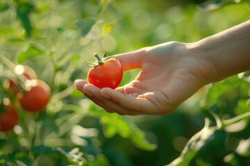 Wall Mural - A person delicately holds a vibrant red tomato in their hand against a lush green background