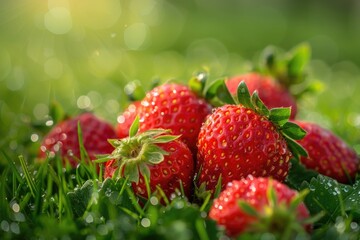 Wall Mural - Fresh strawberries adorned with dewdrops resting on vibrant green grass
