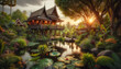 Capture a serene Thai garden in photographic realism, focusing on tranquility and cultural authenticity.