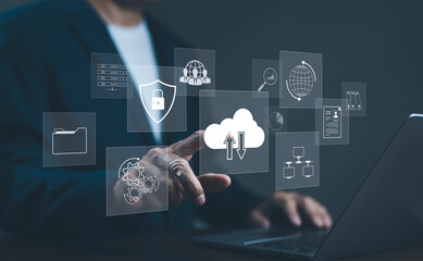 Wall Mural - cloud computing technology concept. businessman use cloud computing network. download and informatio
