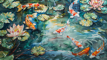 Serene Koi Fish Pond With Lily Pads Watercolor