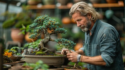 Man caring for a bonsai