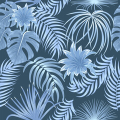  Seamless vector pattern with blue tropical palm leaves and flowers on dark background.