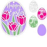 Fototapeta Dinusie - Easter egg with tulip flowers and Happy Easter sign, 3d layered svg for cricut, Spring papercut decoration