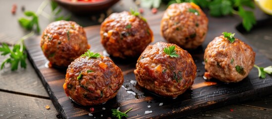 Wall Mural - A cutting board is presented with an arrangement of meatballs topped with a sprinkle of fresh parsley. The meatballs are cooked to perfection, exuding delicious aromas and flavors.