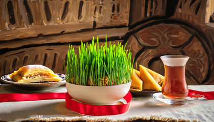 Wall Mural - Novruz table setting with green samani wheat grass with red ribbon, dried fruits, sweet pastry and candles. Ethnic motives carpet in background, new year spring celebration in Azerbaijan, copy space