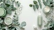 Flat lay composition with body care products and eucalyptus branches on white background	
