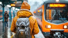 a person with a backpack standing in front of a train on a train track in the snow with a train in the background.