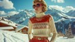© pisan - Vintage Style Woman Posing in Winter Mountain Landscape with Knitwear and Sunglasses